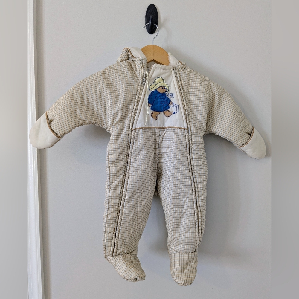 Vintage Quiltex Paddington Bear Embroidered Beige Checkered Kids Winter Snowsuit